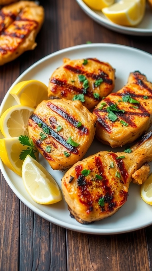 Air Fryer Chicken Grillers Recipe Golden brown air fryer chicken grillers garnished with herbs and lemon wedges on a rustic plate.